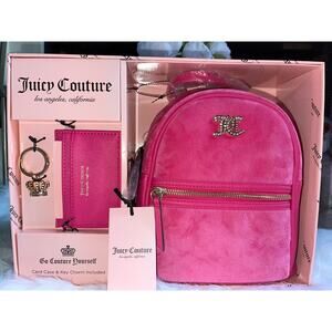 NEW Juicy Couture Velour PINK Backpack and Card Case set